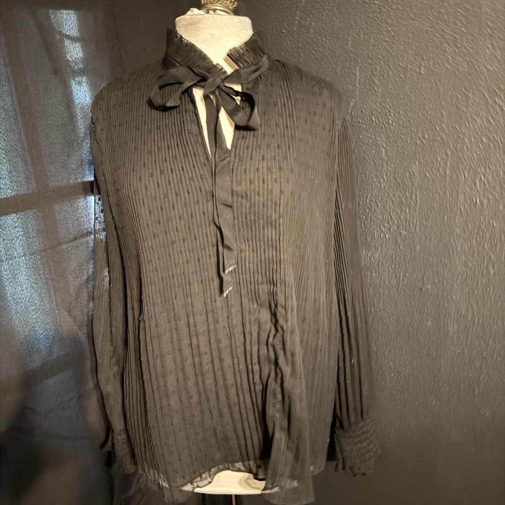 Max Studio Black Sheer Textured Tie-Neck Blouse